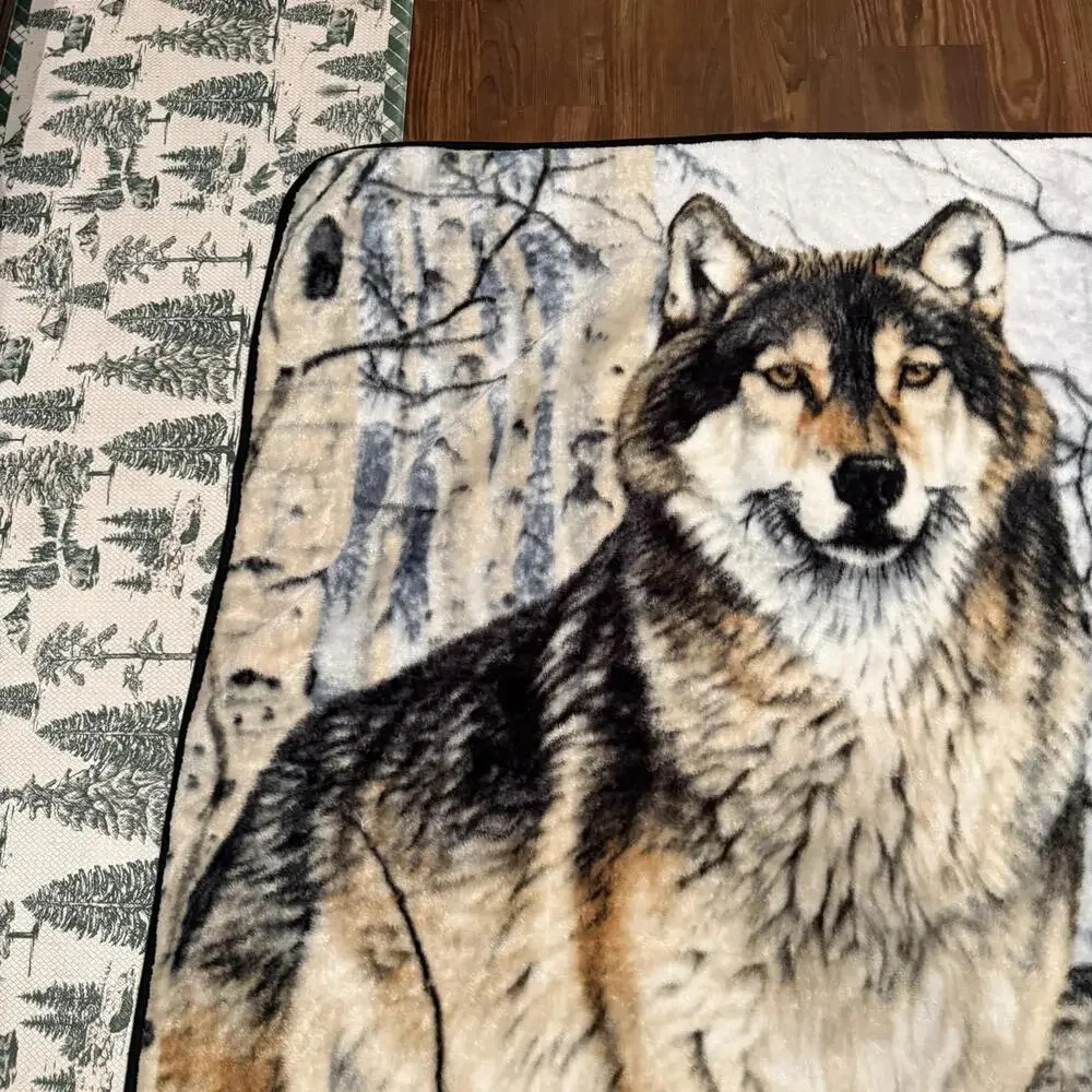 Vintage 80s/90s RARE Al Agnew Snowy Wolves Wolf‎ Art Fleece Throw Blanket 60x48